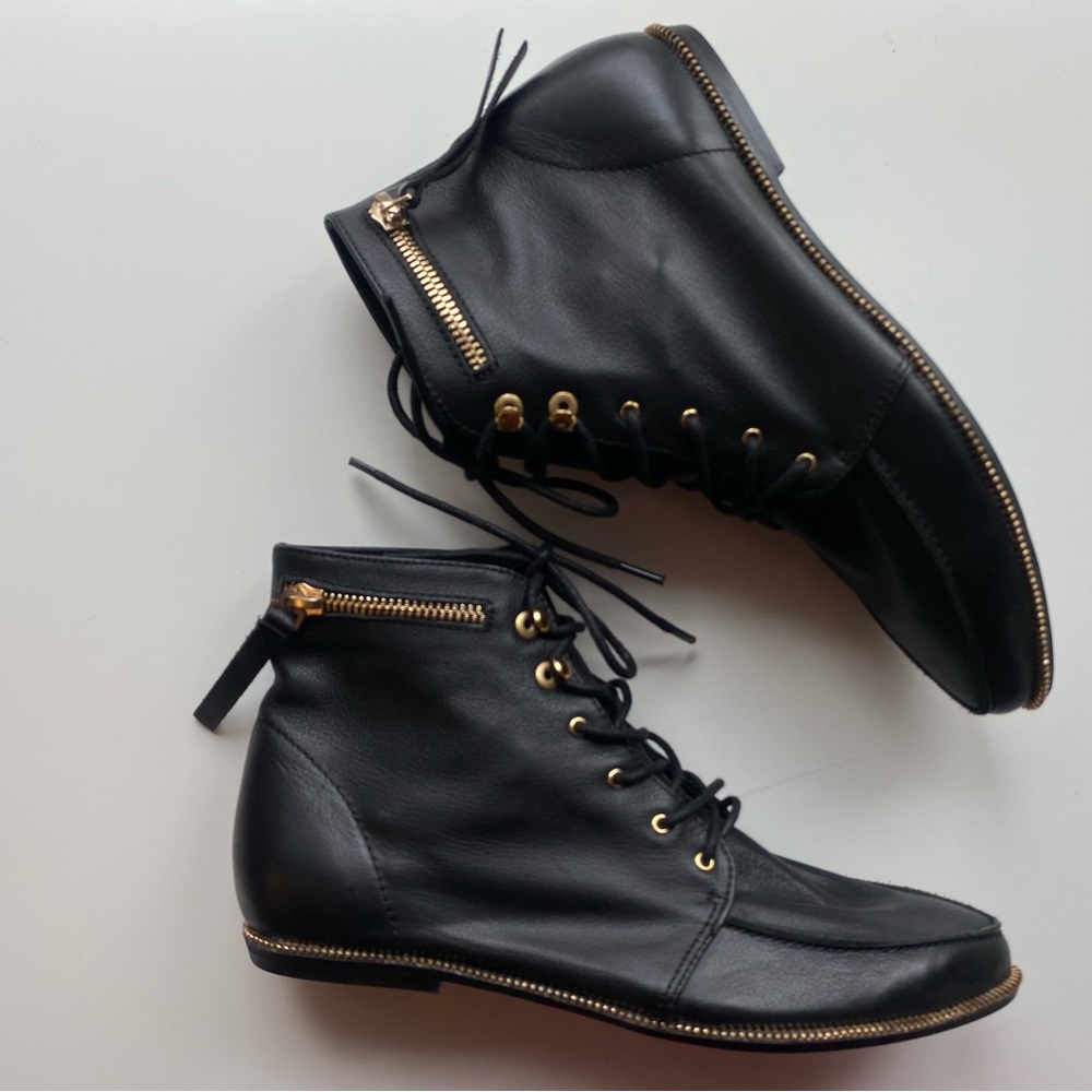 Black Leather Lace-Up Ankle Boots with Gold Zipper